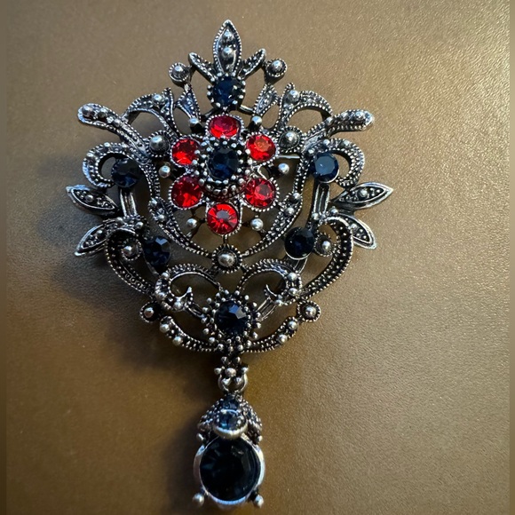 Red Flower Brooch, Lapel Pin or Pendant with Blue Rhinestones for Jacket, Blazer - Picture 5 of 8